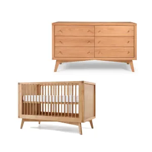 Retro Crib and 6 Drawer Dresser Nursery Set in Hazelnut