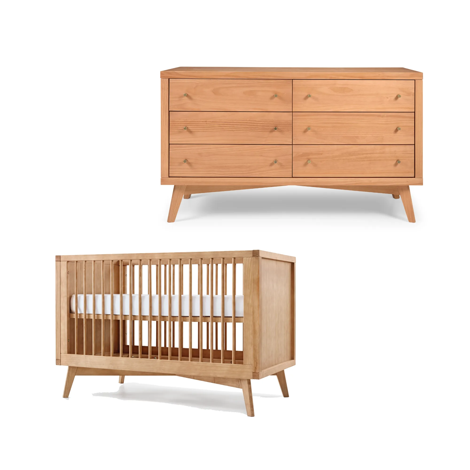 Retro Crib and 6 Drawer Dresser Nursery Set in Hazelnut