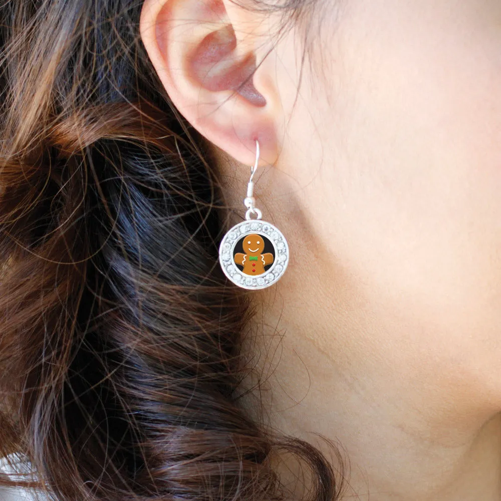 Silver Gingerbread Man Circle Charm Dangle Earrings