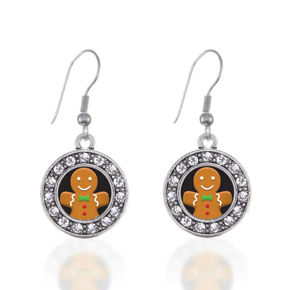Silver Gingerbread Man Circle Charm Dangle Earrings