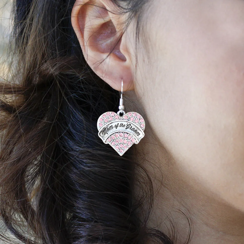 Silver Script Pink Mom of the Groom Pink Pave Heart Charm Dangle Earrings