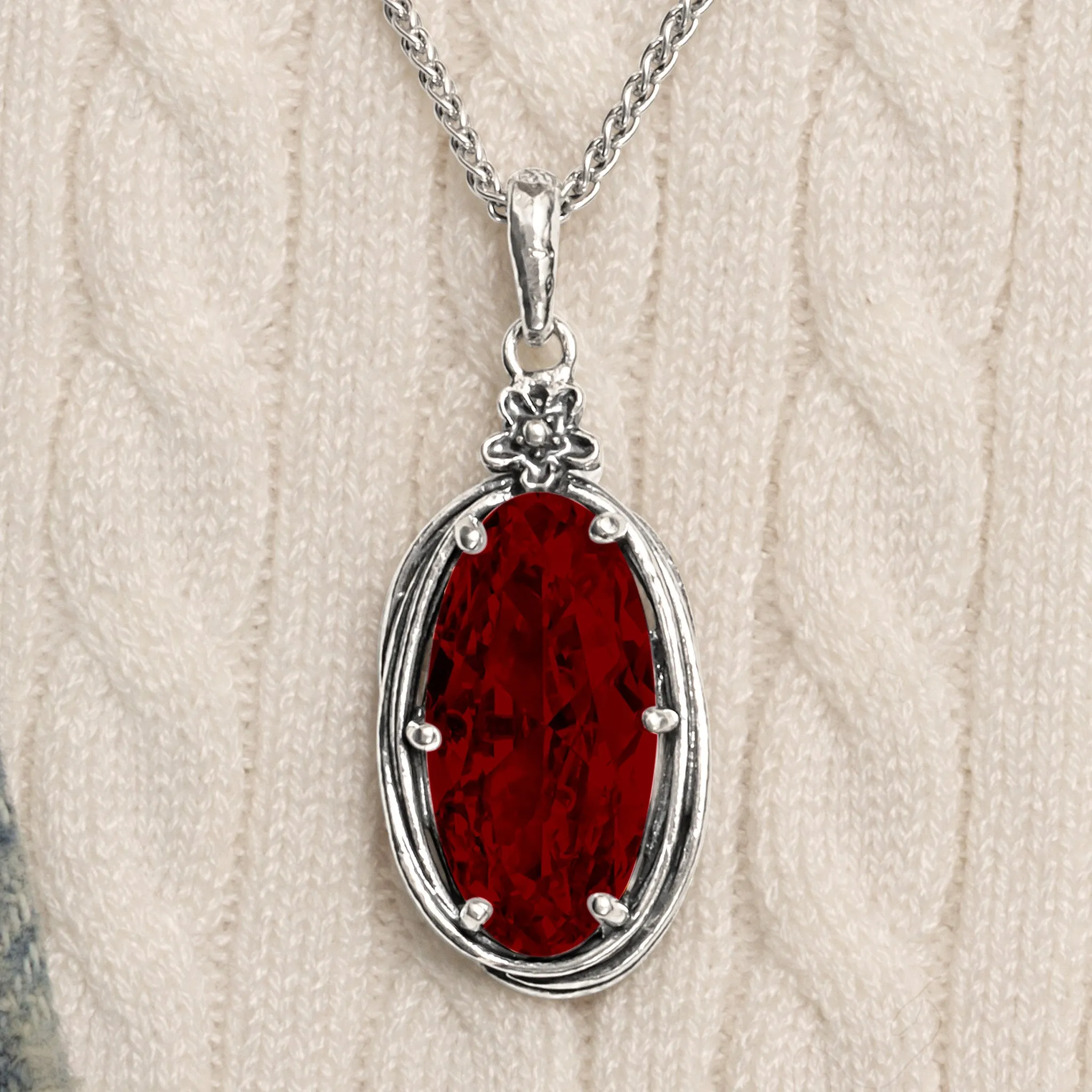 Sterling Silver Garnet CZ Floral Wire Wrap Necklace