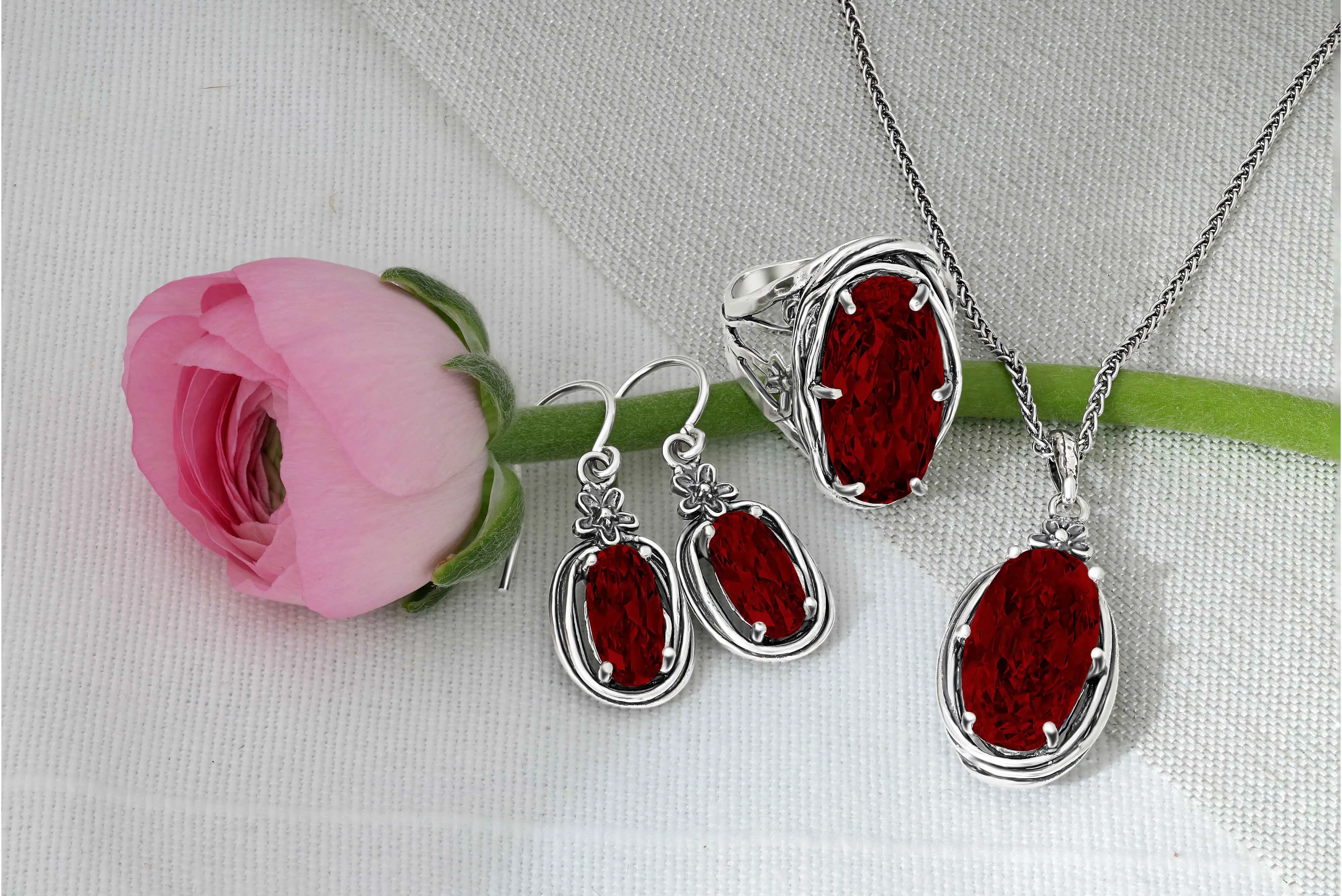Sterling Silver Garnet CZ Floral Wire Wrap Necklace