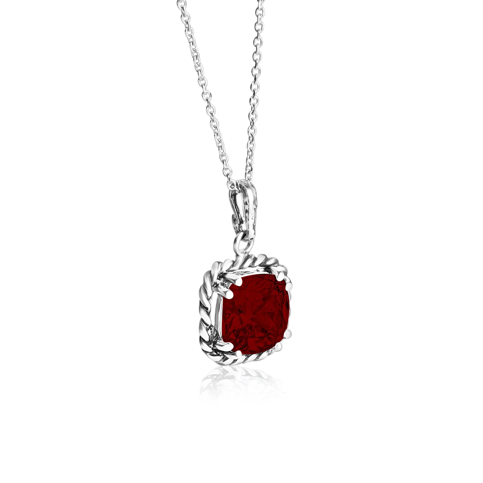Sterling Silver Garnet CZ Rope Pendant Necklace