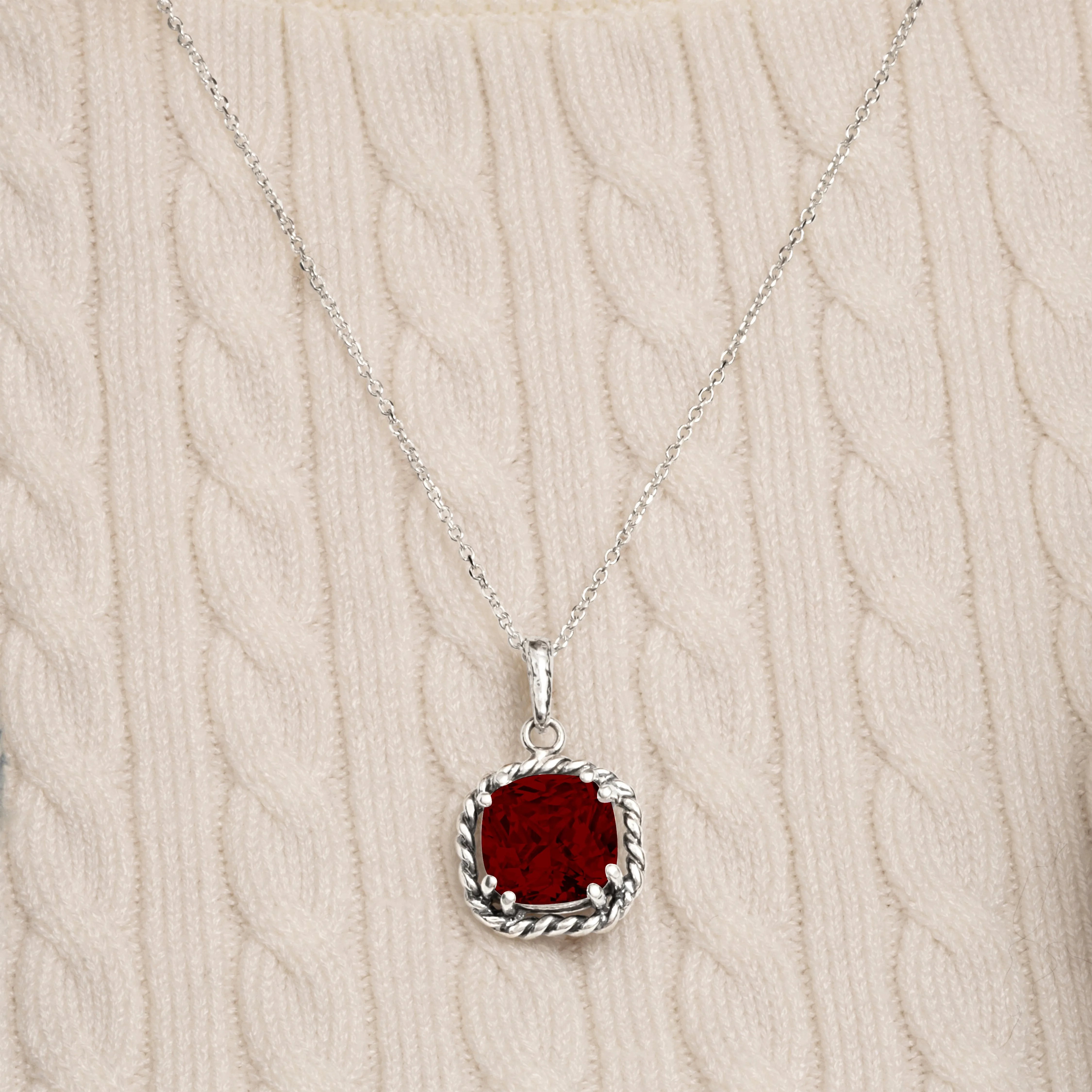 Sterling Silver Garnet CZ Rope Pendant Necklace
