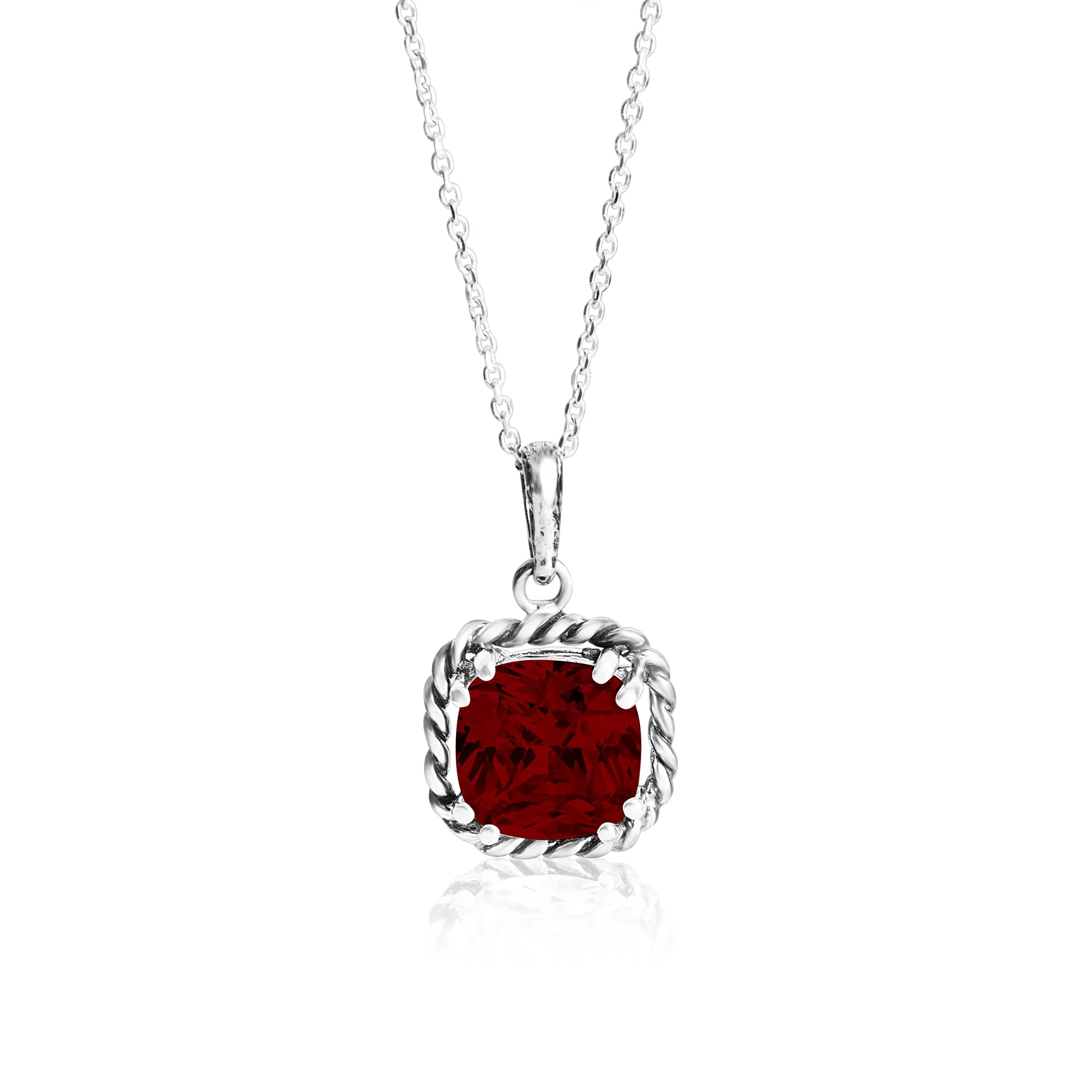 Sterling Silver Garnet CZ Rope Pendant Necklace