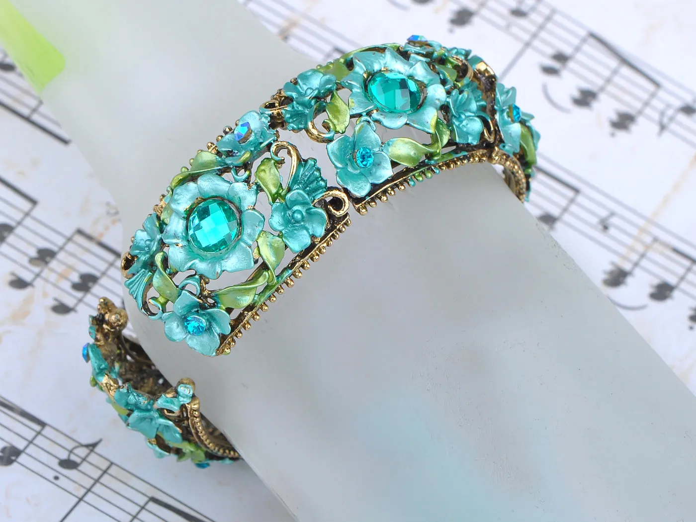 Turquoise Blue Green Flower Leaf Vine Cluster Bracelet Bangle